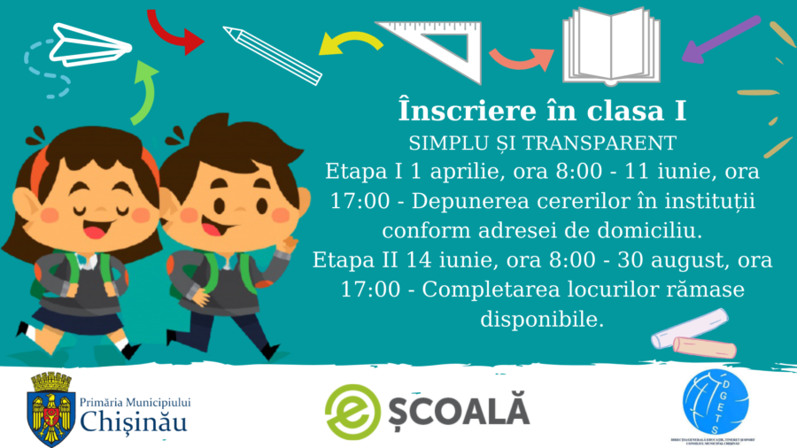 Direcția Generală Educație, Tineret și Sport a Consiliului municipal Chișinău informează că începând cu 1 aprilie 2021 părinții pot depune actele pentru înscrierea copiilor în clasa I-a pe platforma on-line https://escoala.chisinau.md/